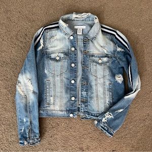 Ripped jean jacket vintage style old school hipster S blue striped